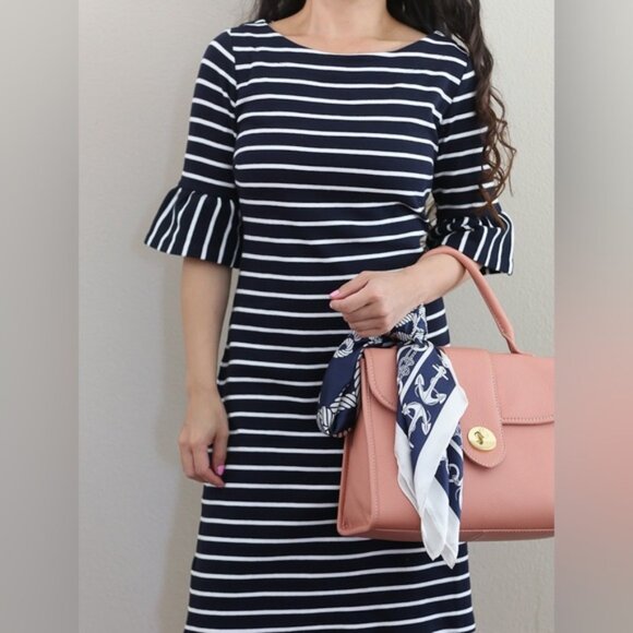 Talbots Navy & White Striped Knit Dress | Size M | 100% Cotton | Bell Sleeve - Picture 1 of 8